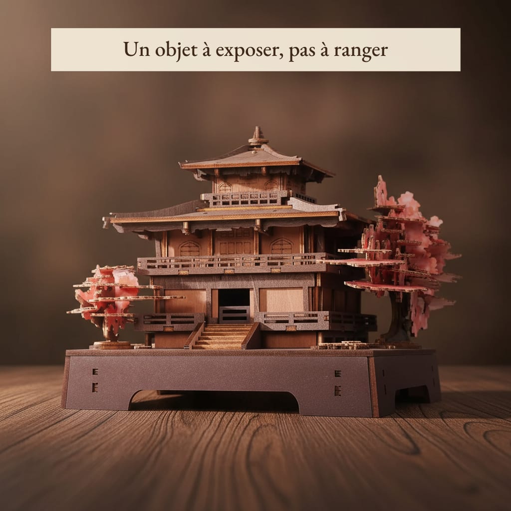 Puzzle 3D : Pavillon Sakura en Bois, assemblé sur une table en bois sombre, éclairage doux.