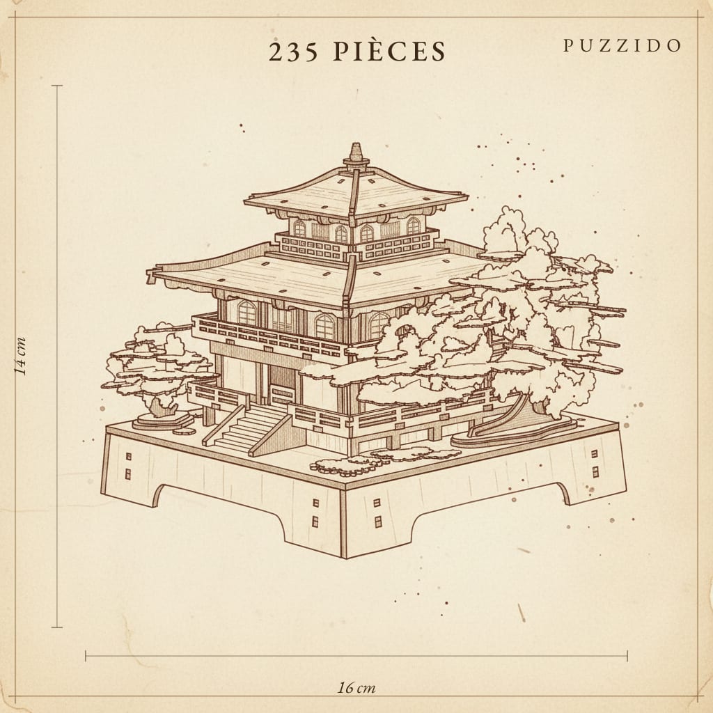 Puzzle 3D : Pavillon Sakura en Bois, plan technique avec dimensions sur fond beige clair