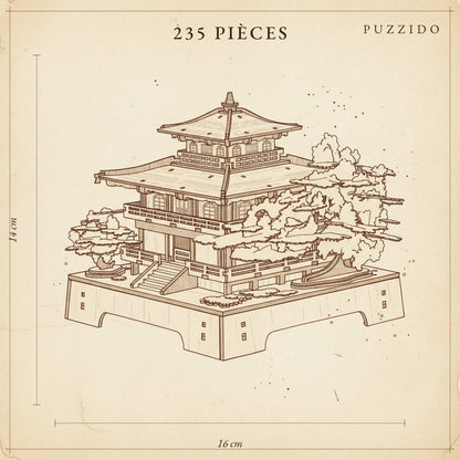Puzzle 3D : Pavillon Sakura en Bois, plan technique avec dimensions sur fond beige clair
