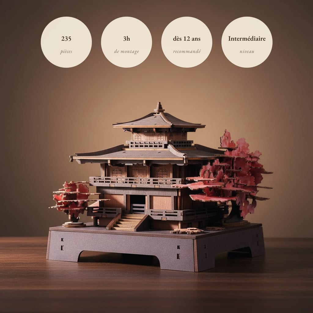 Puzzle 3D : Pavillon Sakura en Bois, assemblé sur une table en bois sombre, éclairé par une lumière…