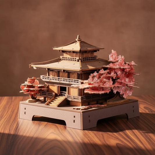 Puzzle 3D : Pavillon Sakura en Bois, vue studio sur une surface en noyer avec des reflets lumineux.