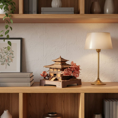 Puzzle 3D : Pavillon Sakura en Bois, sur une étagère en bois clair avec une lampe et des livres.