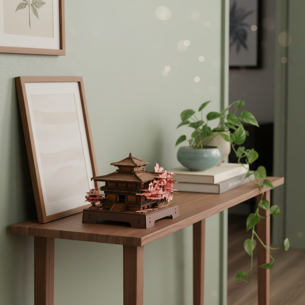 Puzzle 3D : Pavillon Sakura en Bois, sur une console en bois clair avec cadre et plante verte