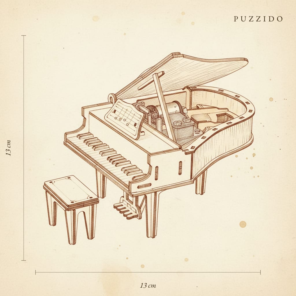 Puzzle 3D du Piano - Boîte à musique, plan technique avec dimensions