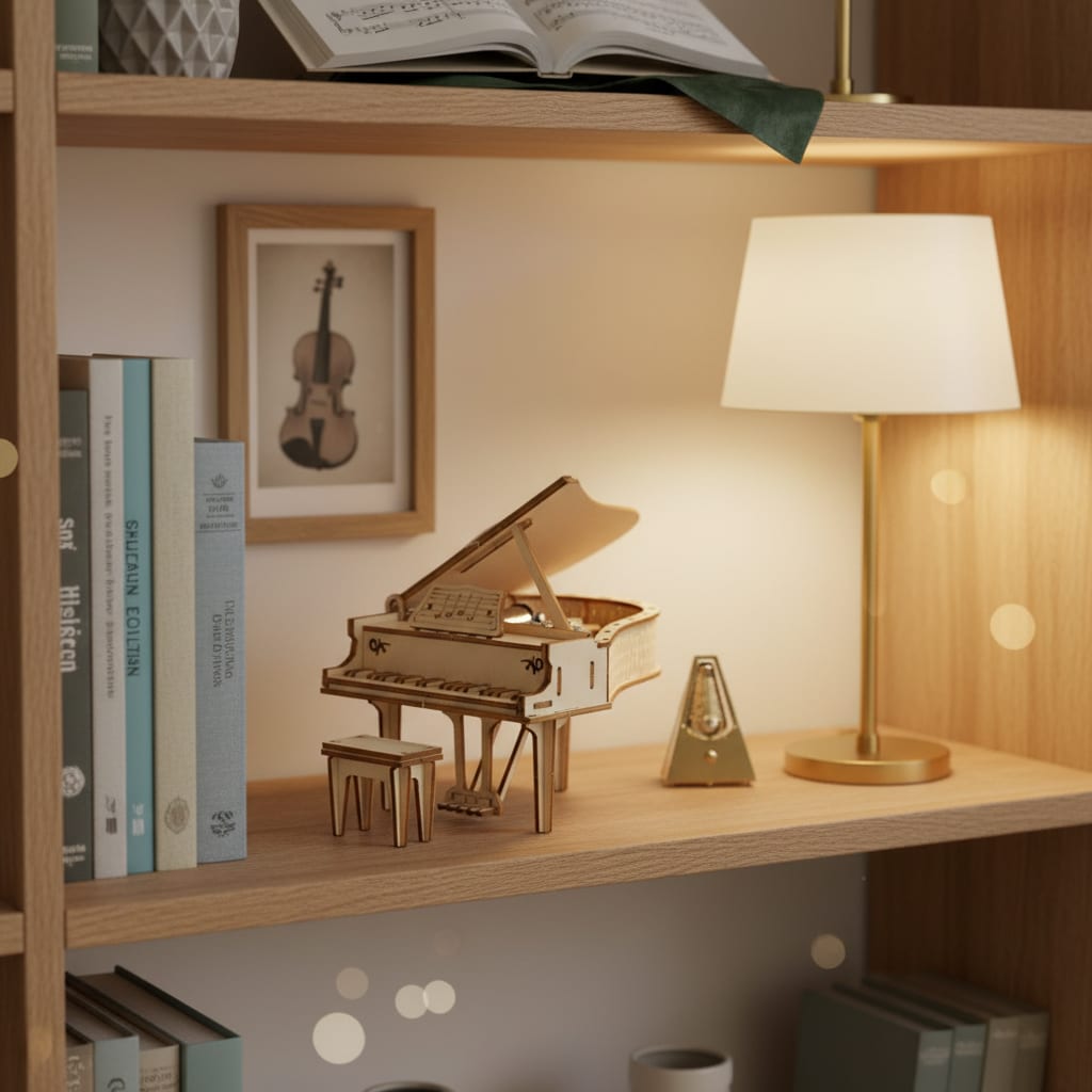 Puzzle 3D du Piano - Boîte à musique, posé sur une commode dans un intérieur design