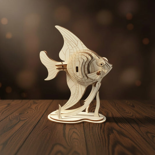 Puzzle 3D du Poisson-ange, vue studio sur surface en noyer