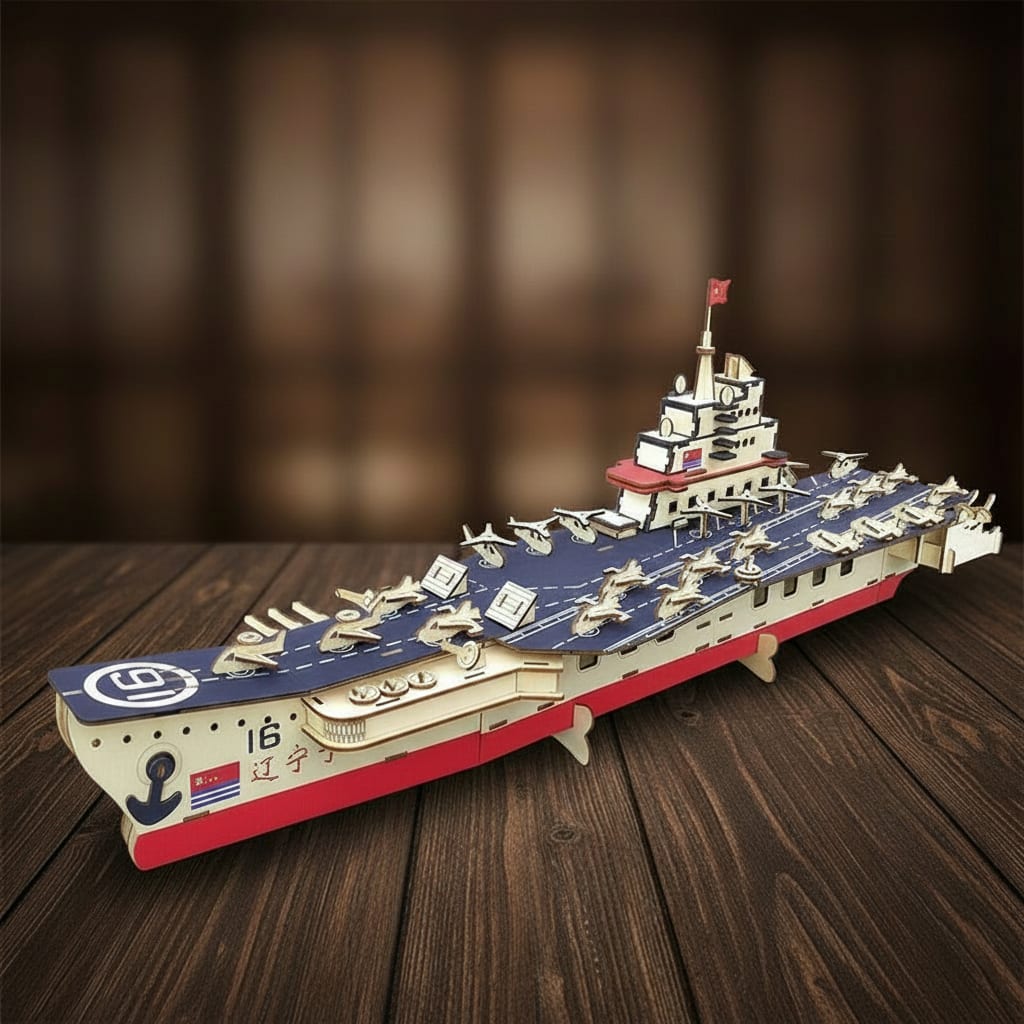 Puzzle 3D du Porte-Avions, vue studio sur surface en noyer
