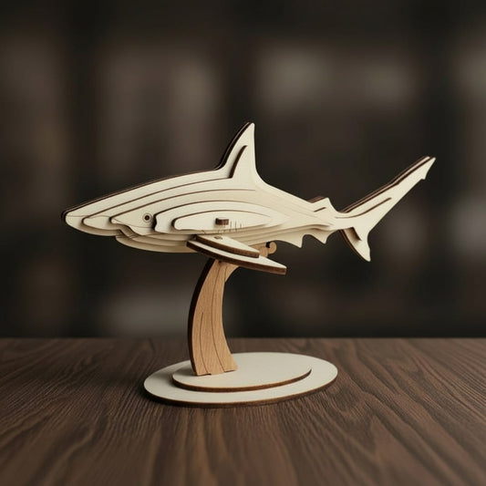 Puzzle 3D du Requin en Bois, vue studio sur surface en noyer