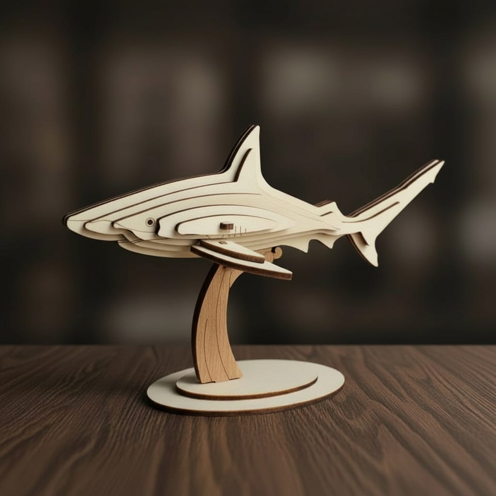 Puzzle 3D requin en bois du coffret animaux marins, assemblé sur son socle