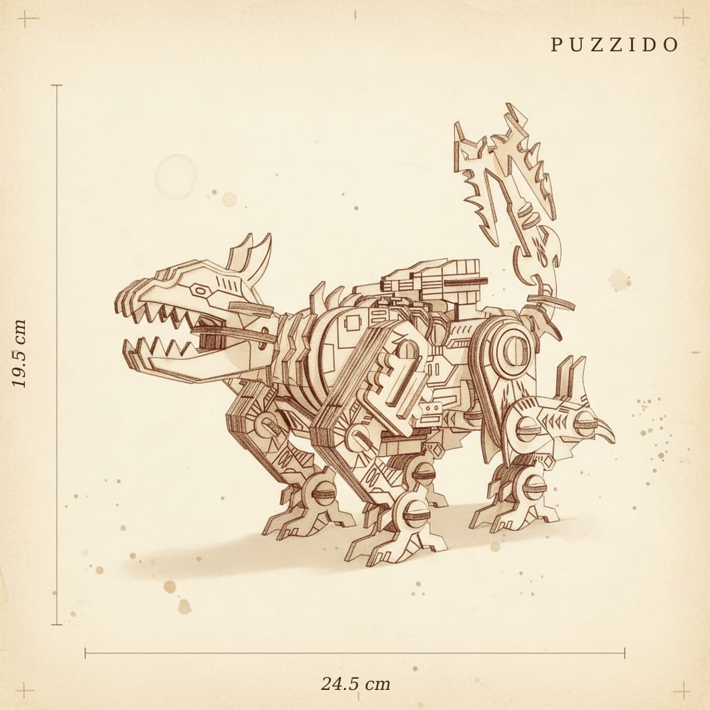 Puzzle 3D du Robot Dinosaure en Bois, plan technique avec dimensions