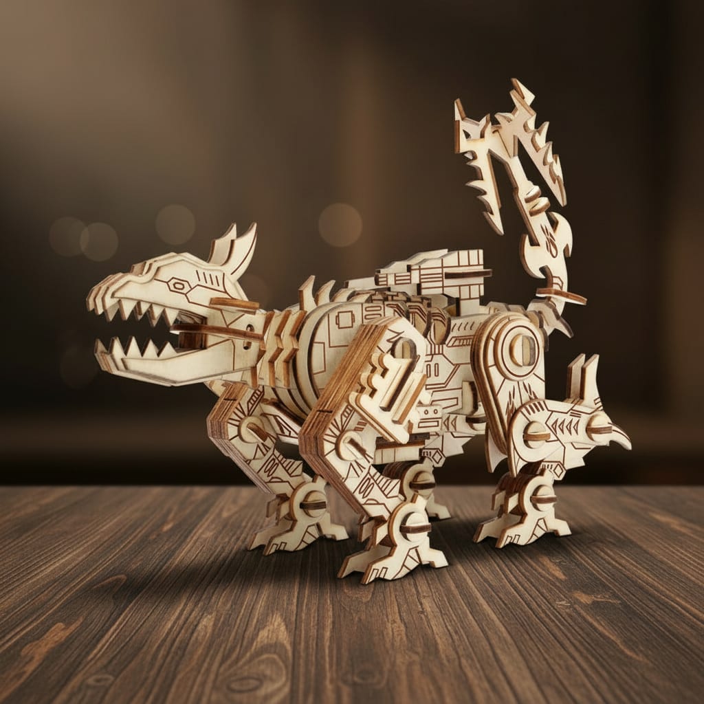 Puzzle 3D du robot dinosaure en bois, assemblé.