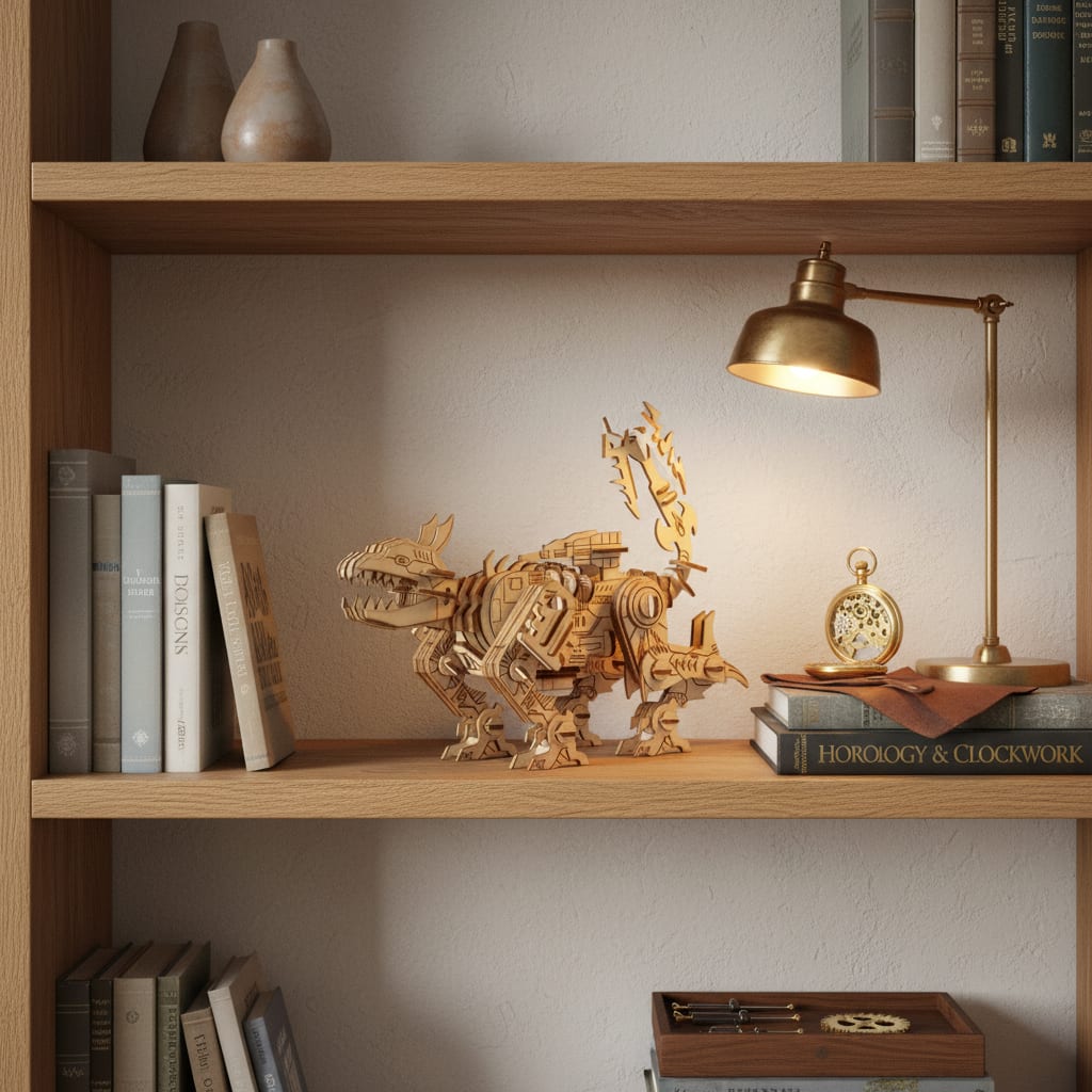 Puzzle 3D du Robot Dinosaure en Bois, posé sur une commode dans un intérieur design