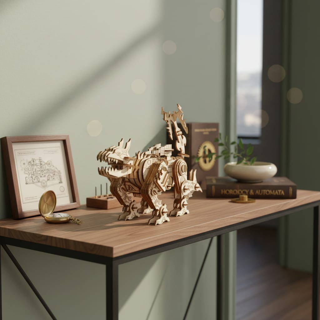 Puzzle 3D du Robot Dinosaure en Bois, exposé sur une étagère ouverte