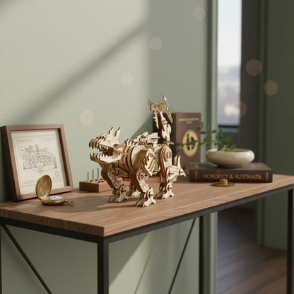 Puzzle 3D du Robot Dinosaure en Bois, exposé sur une étagère ouverte