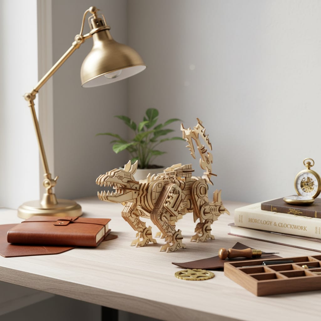Puzzle 3D du Robot Dinosaure en Bois, placé sur une cheminée en pierre