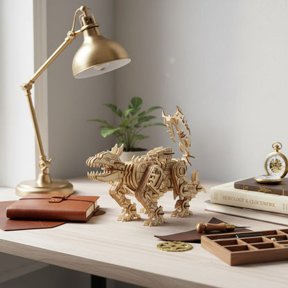 Puzzle 3D du Robot Dinosaure en Bois, placé sur une cheminée en pierre