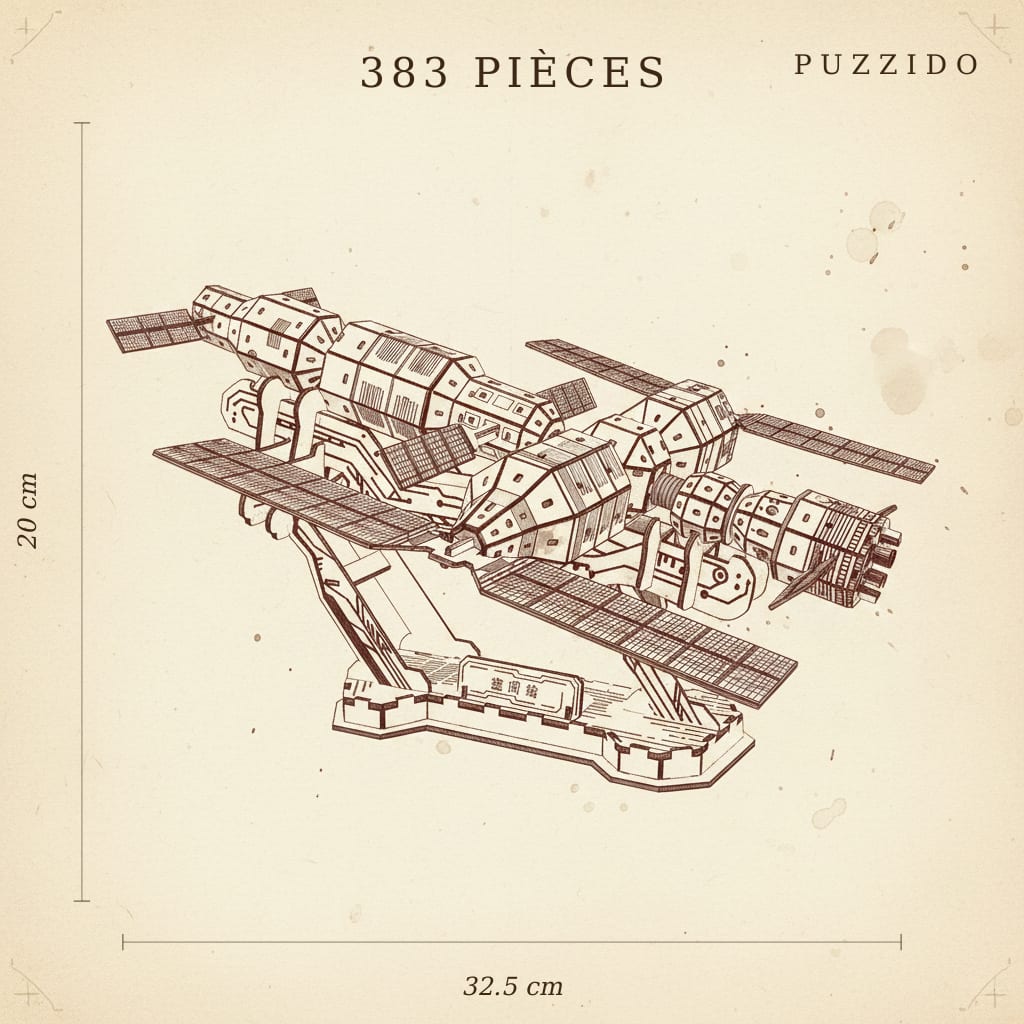 Puzzle 3D du Station Spatiale en Bois, plan technique avec dimensions