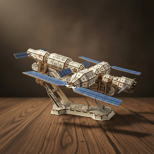 Puzzle 3D du Station Spatiale en Bois, vue studio sur surface en noyer