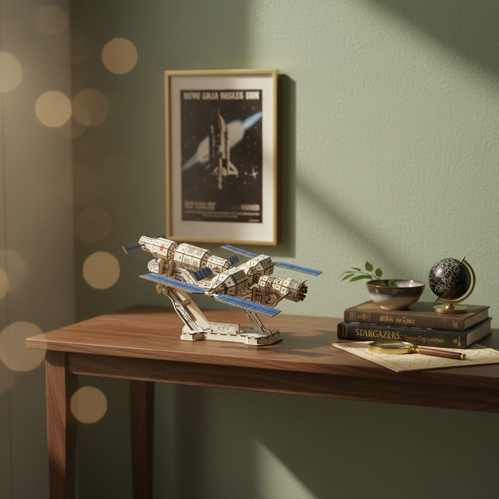 Puzzle 3D du Station Spatiale en Bois, posé sur une commode dans un intérieur design