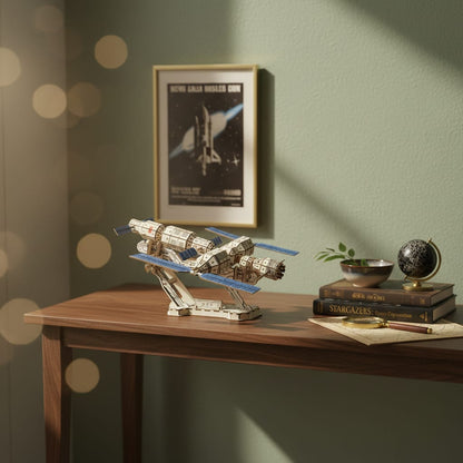 Puzzle 3D du Station Spatiale en Bois, posé sur une commode dans un intérieur design