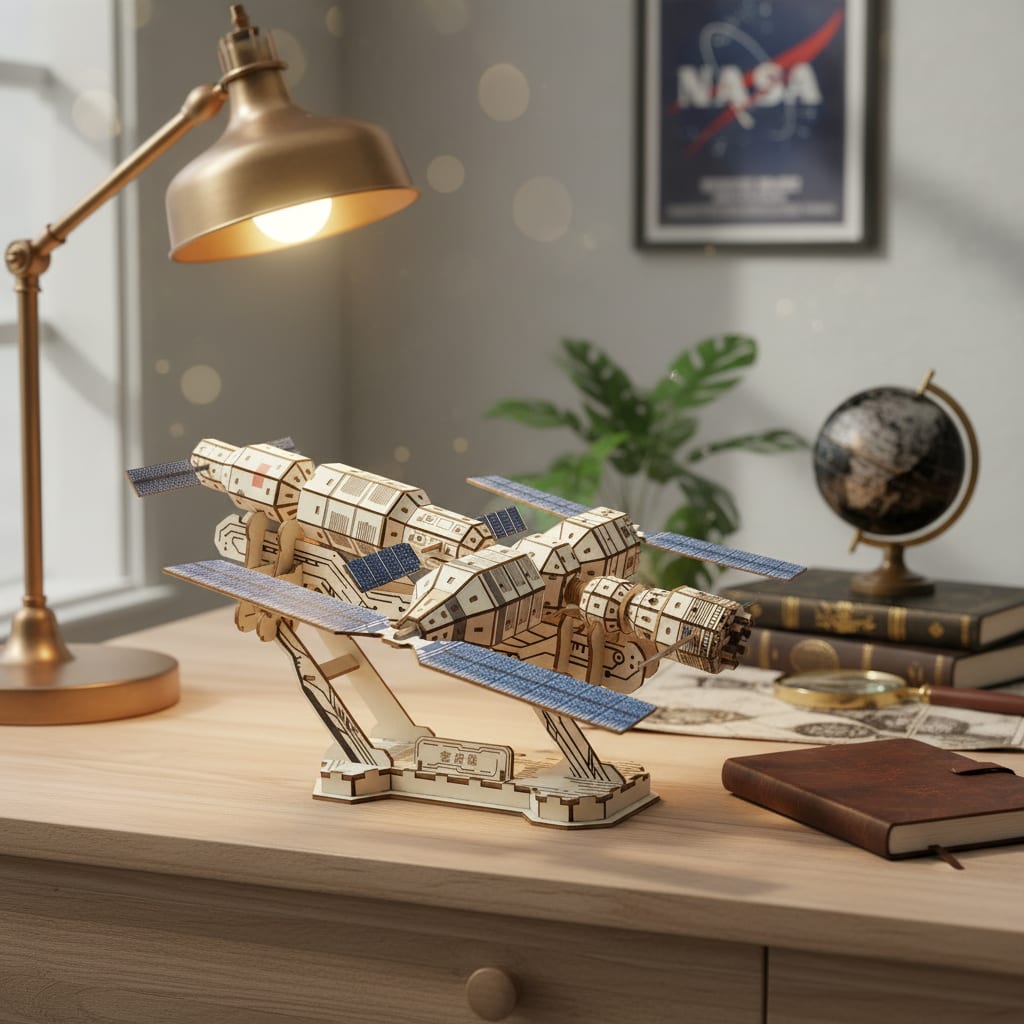 Puzzle 3D du Station Spatiale en Bois, exposé sur une étagère ouverte