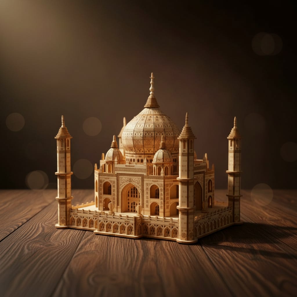 Puzzle 3D du Taj Mahal en bois, assemblé.