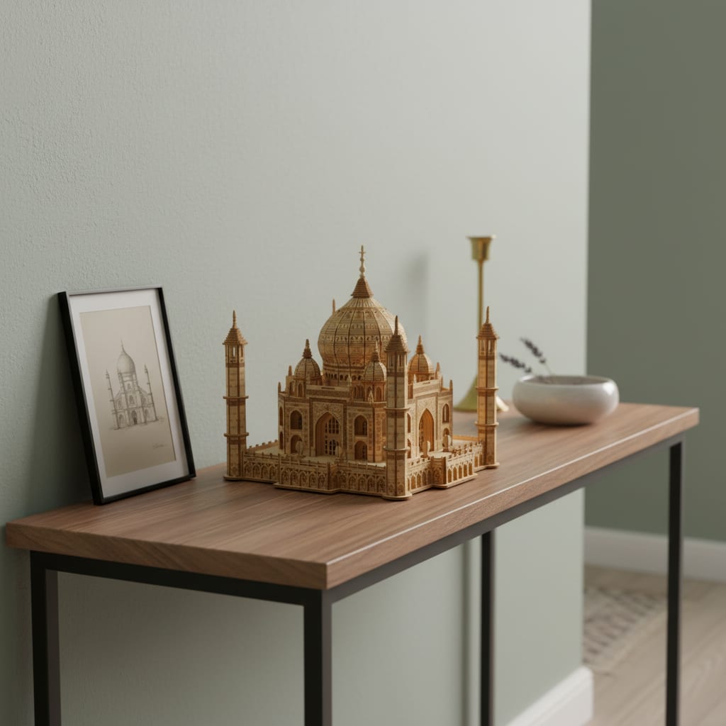 Puzzle 3D du Taj Mahal en Bois, exposé sur une étagère ouverte
