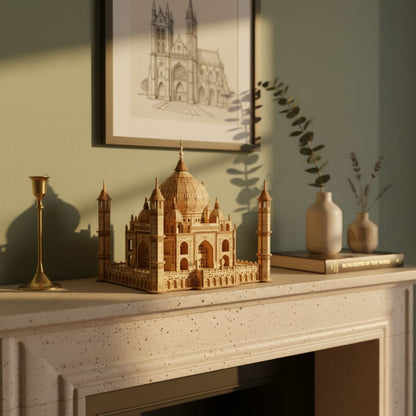 Puzzle 3D du Taj Mahal en Bois, placé sur une cheminée en pierre