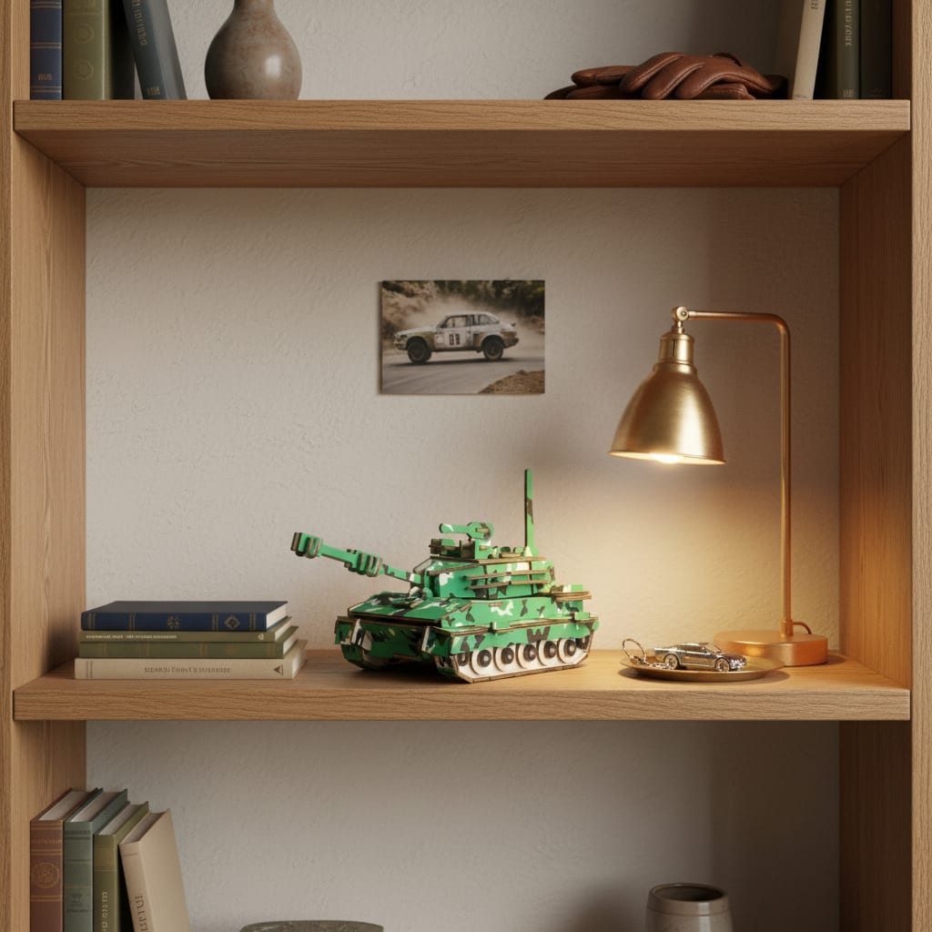 Puzzle 3D du Tank, posé sur une commode dans un intérieur design