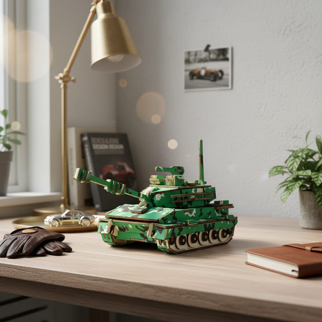 Puzzle 3D du Tank, placé sur une cheminée en pierre