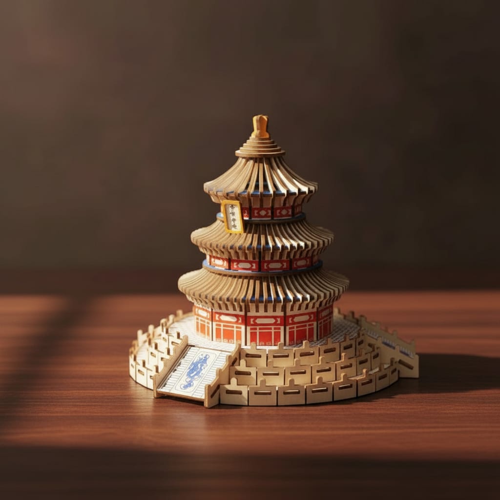 Puzzle 3D du Temple du Ciel en bois, assemblé.