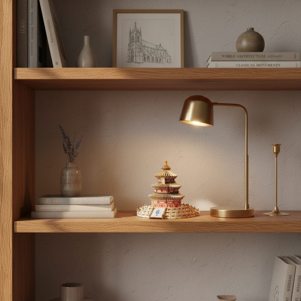 Puzzle 3D du Temple du Ciel en Bois, posé sur une commode dans un intérieur design