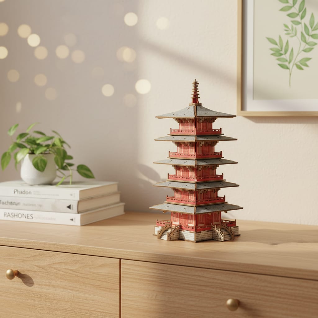 Puzzle 3D du Temple Hanshan en Bois, posé sur une commode dans un intérieur design