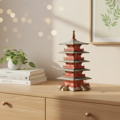 Puzzle 3D du Temple Hanshan en Bois, posé sur une commode dans un intérieur design