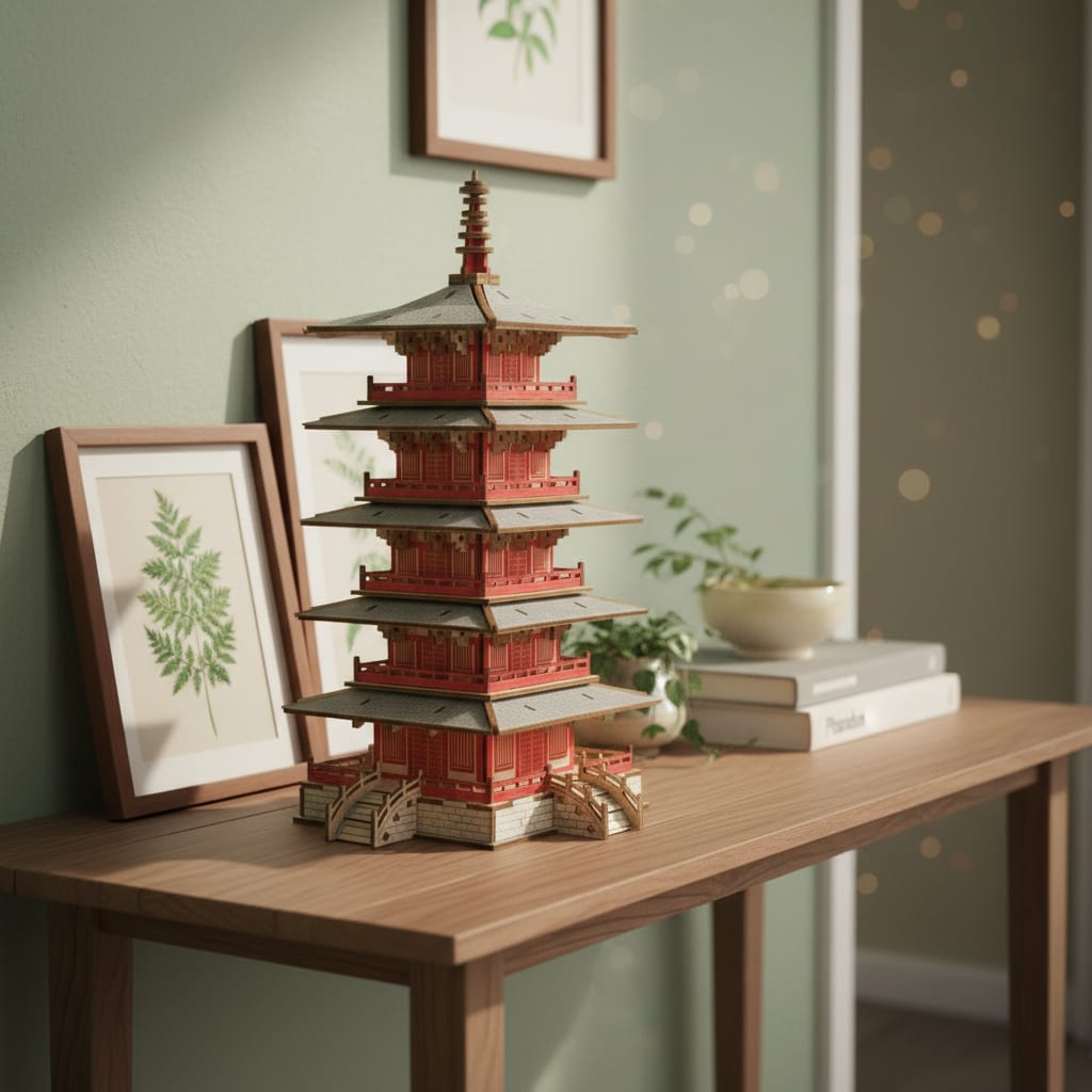 Puzzle 3D du Temple Hanshan en Bois, exposé sur une étagère ouverte