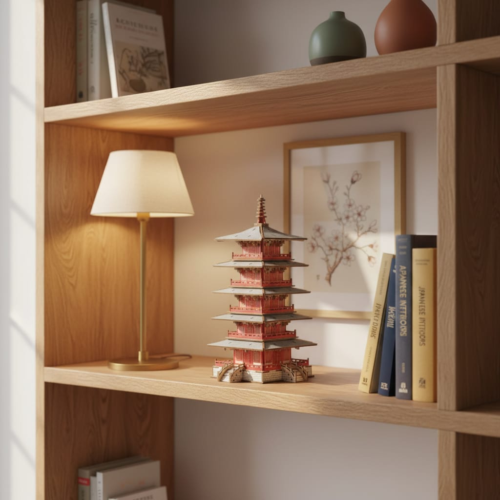 Puzzle 3D du Temple Hanshan en Bois, placé sur une cheminée en pierre