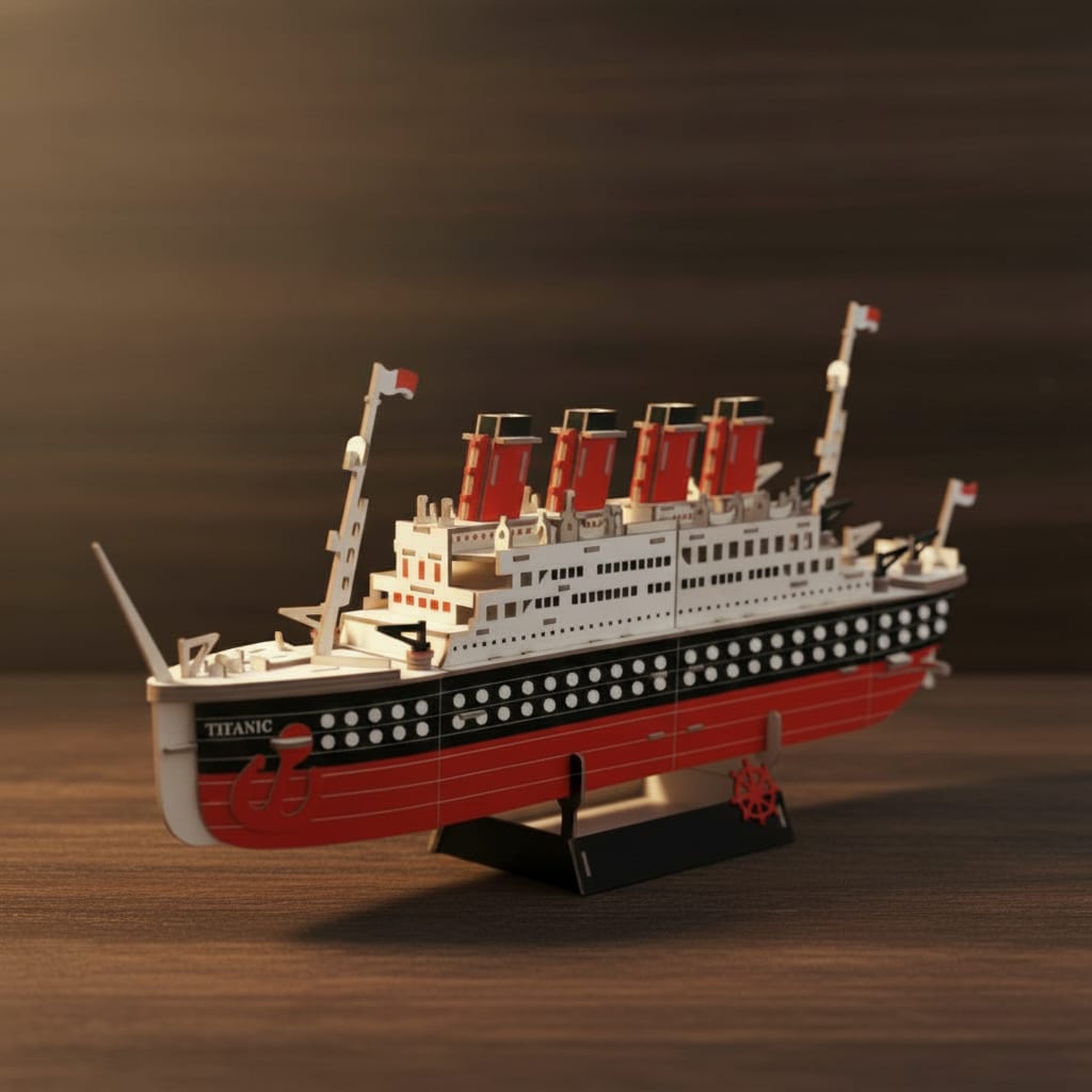 Puzzle 3D du Titanic, vue studio sur surface en noyer