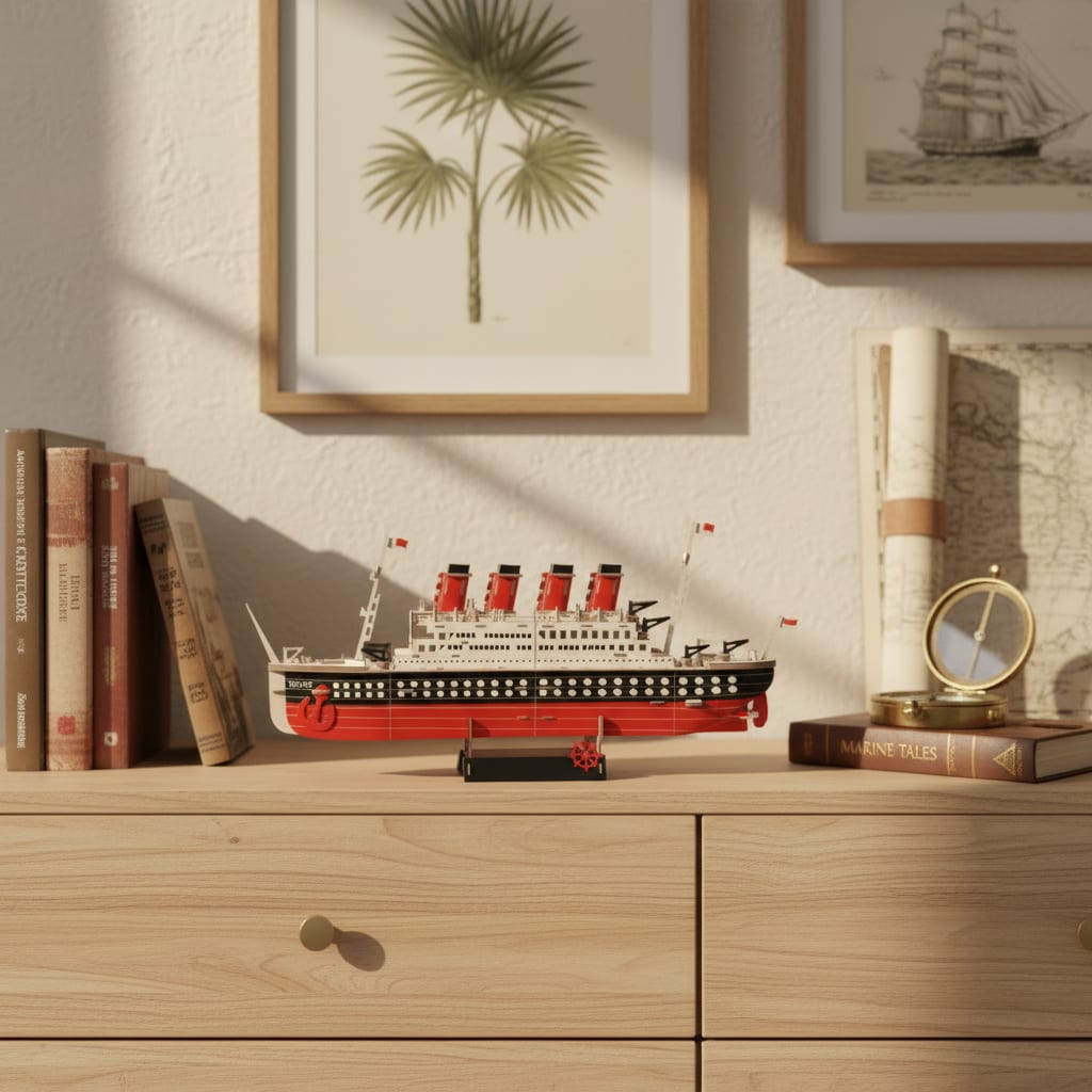 Puzzle 3D du Titanic, posé sur une commode dans un intérieur design