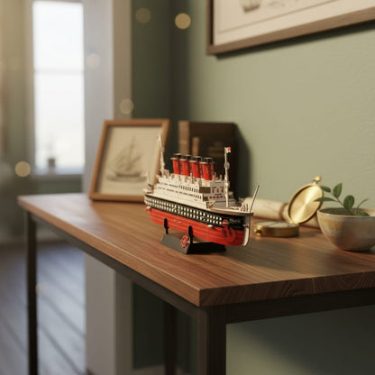 Puzzle 3D du Titanic, exposé sur une étagère ouverte