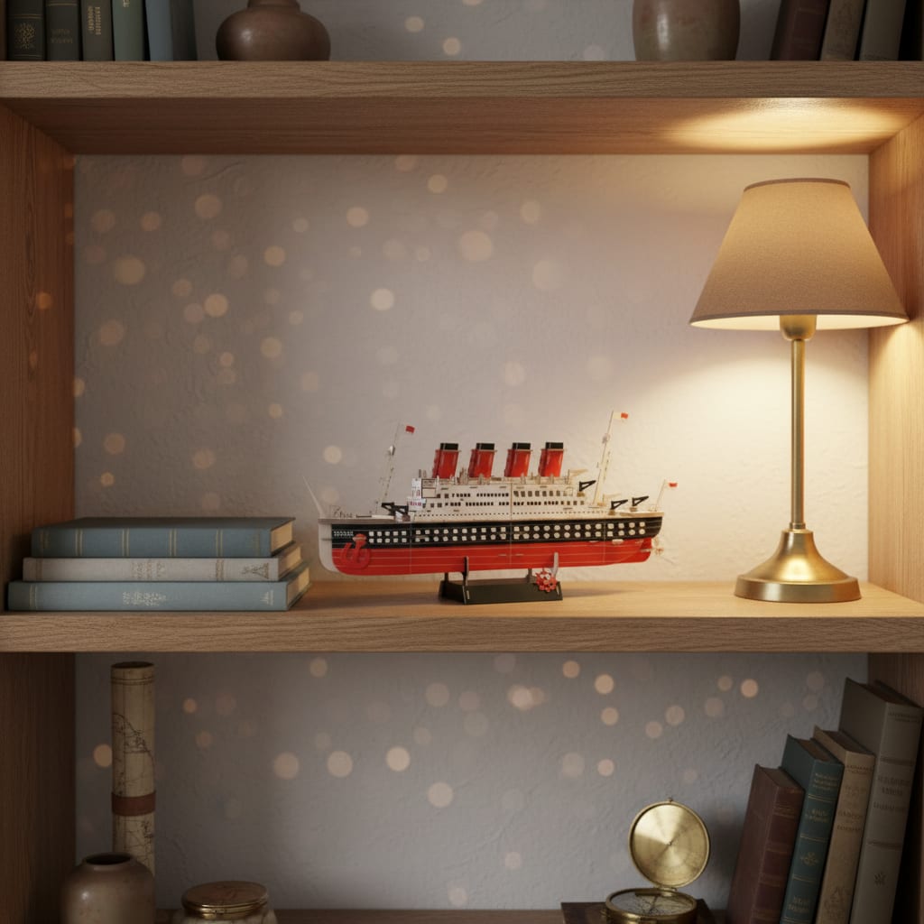 Puzzle 3D du Titanic, placé sur une cheminée en pierre