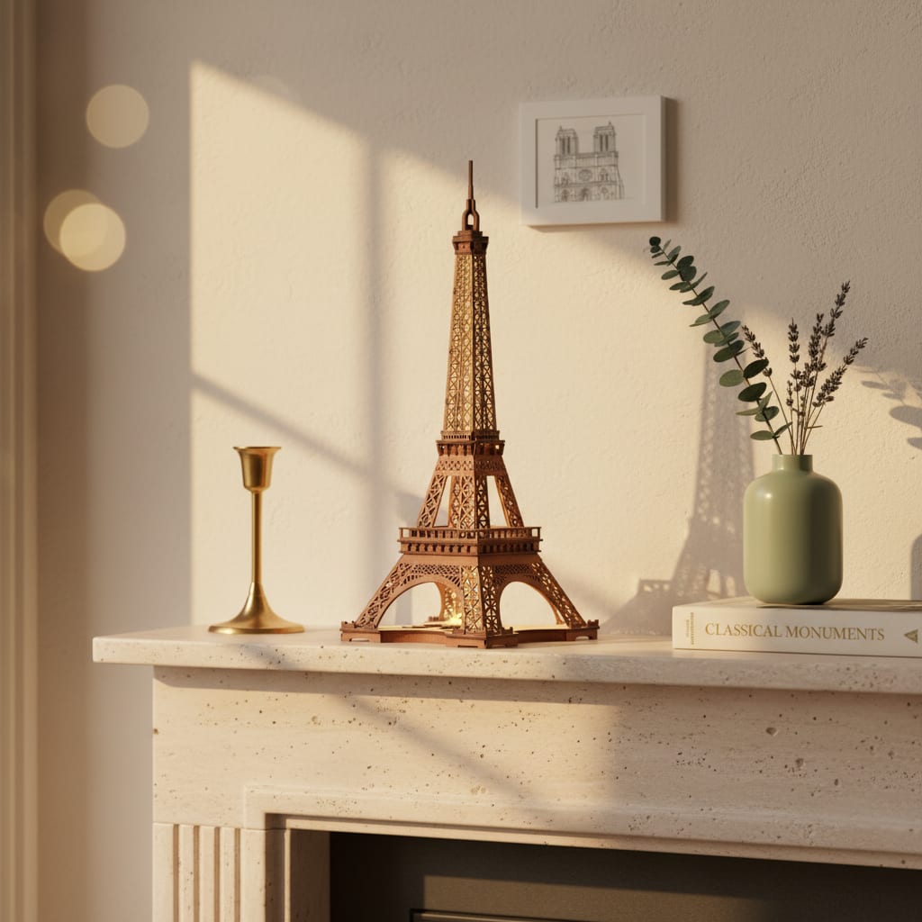 Puzzle 3D du Tour Eiffel, posé sur une commode dans un intérieur design