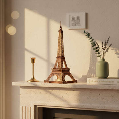 Puzzle 3D du Tour Eiffel, posé sur une commode dans un intérieur design