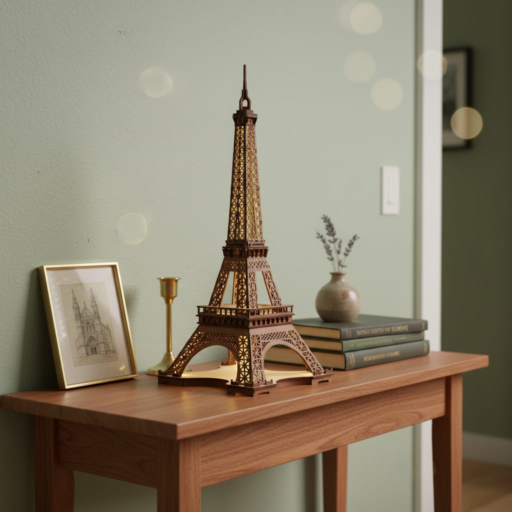 Puzzle 3D du Tour Eiffel, exposé sur une étagère ouverte