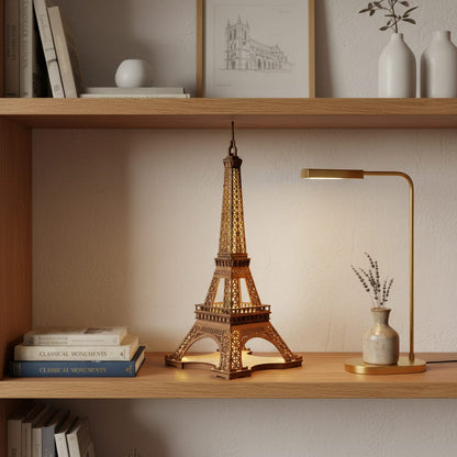 Puzzle 3D du Tour Eiffel, placé sur une cheminée en pierre