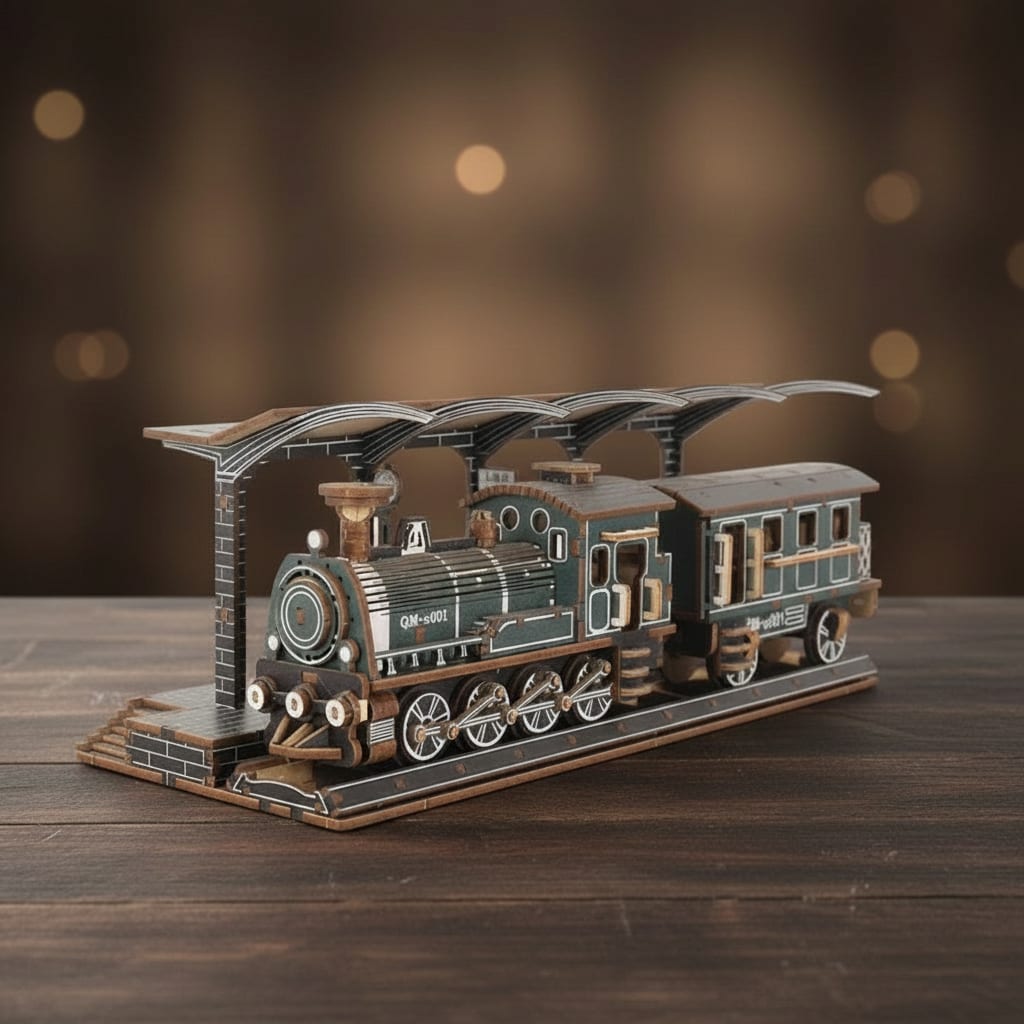 Puzzle 3D du train à vapeur de Western en bois, assemblé.