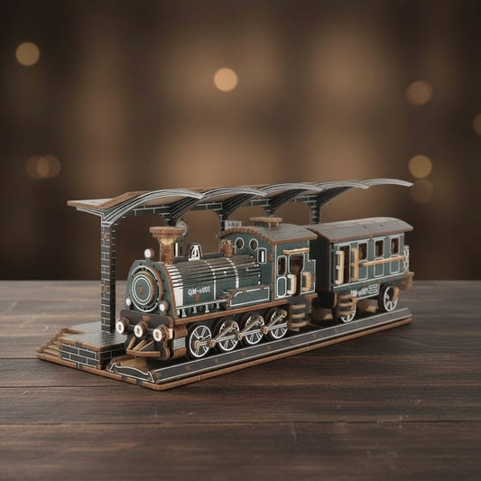 Puzzle 3D du train à vapeur de Western en bois, assemblé.