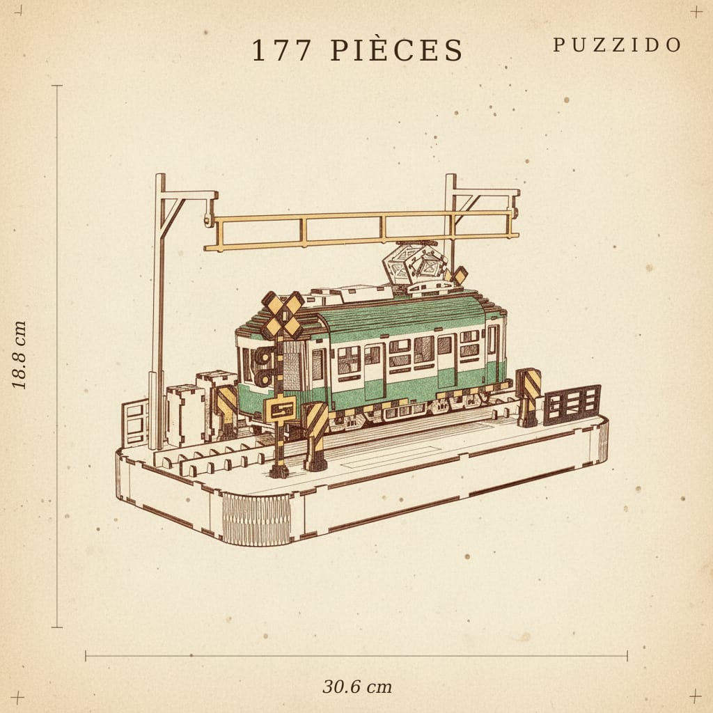 Puzzle 3D du Tramway en Bois, plan technique avec dimensions