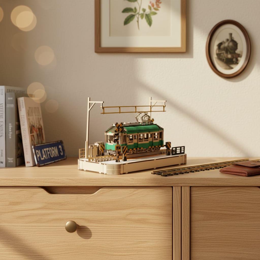 Puzzle 3D du Tramway en Bois, posé sur une commode dans un intérieur design