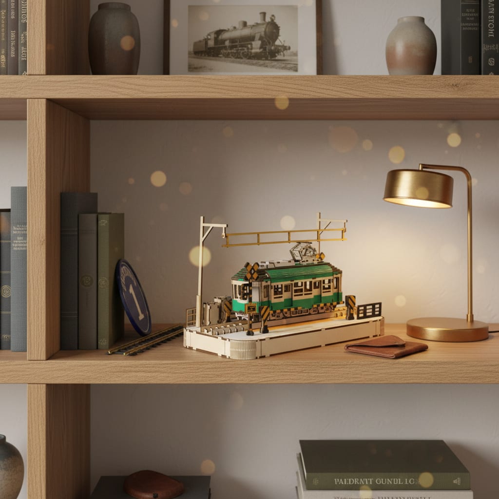 Puzzle 3D du Tramway en Bois, placé sur une cheminée en pierre