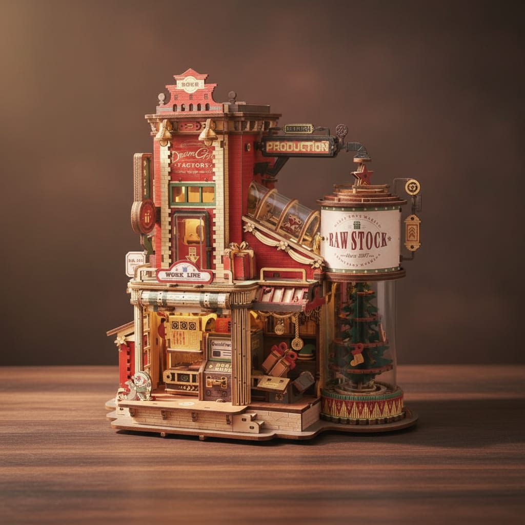 Puzzle 3D : Usine à Cadeaux en Bois, assemblé et éclairé, posé sur une table en bois foncé.